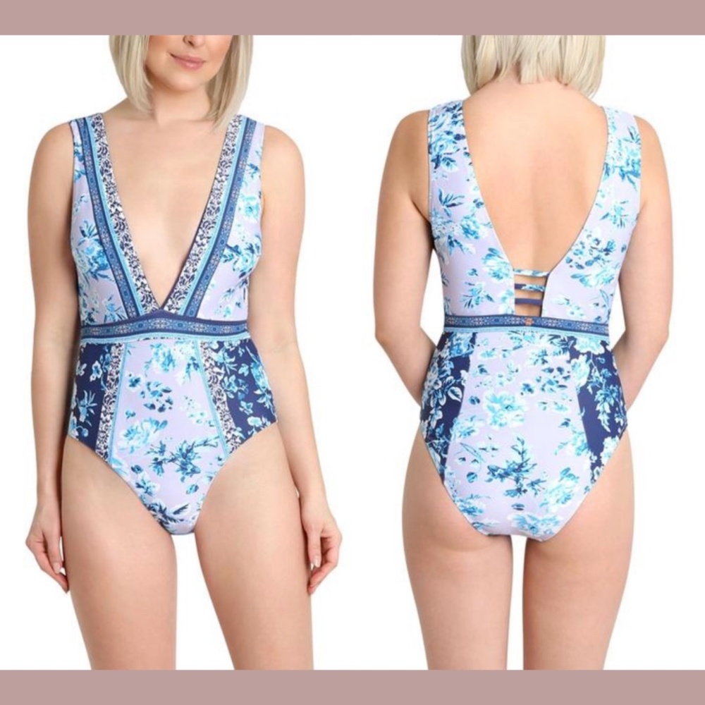 NEW Nanette Lepore [ sz 4 ] Priya Plunge V Neck One Piece Swimsuit Blue‎